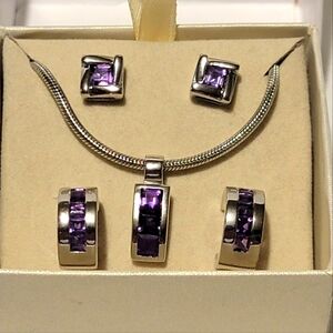 Amethyst Sterling Silver Necklace Set with 2 pairs of Earrings